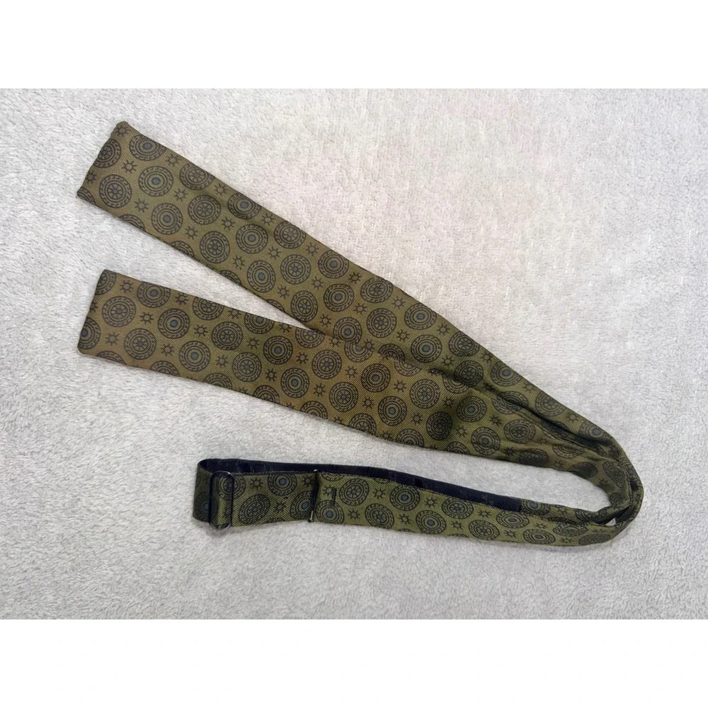 Vintage Olive Green Navy Blue Medallion 100% Silk Self Tie Bow Tie Adjustable